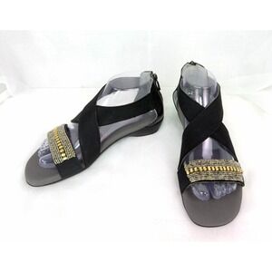 Ros Hommerson Mara Sandals Womens 7.5M Black Comfort Beaded Elastic Zip Wedge
